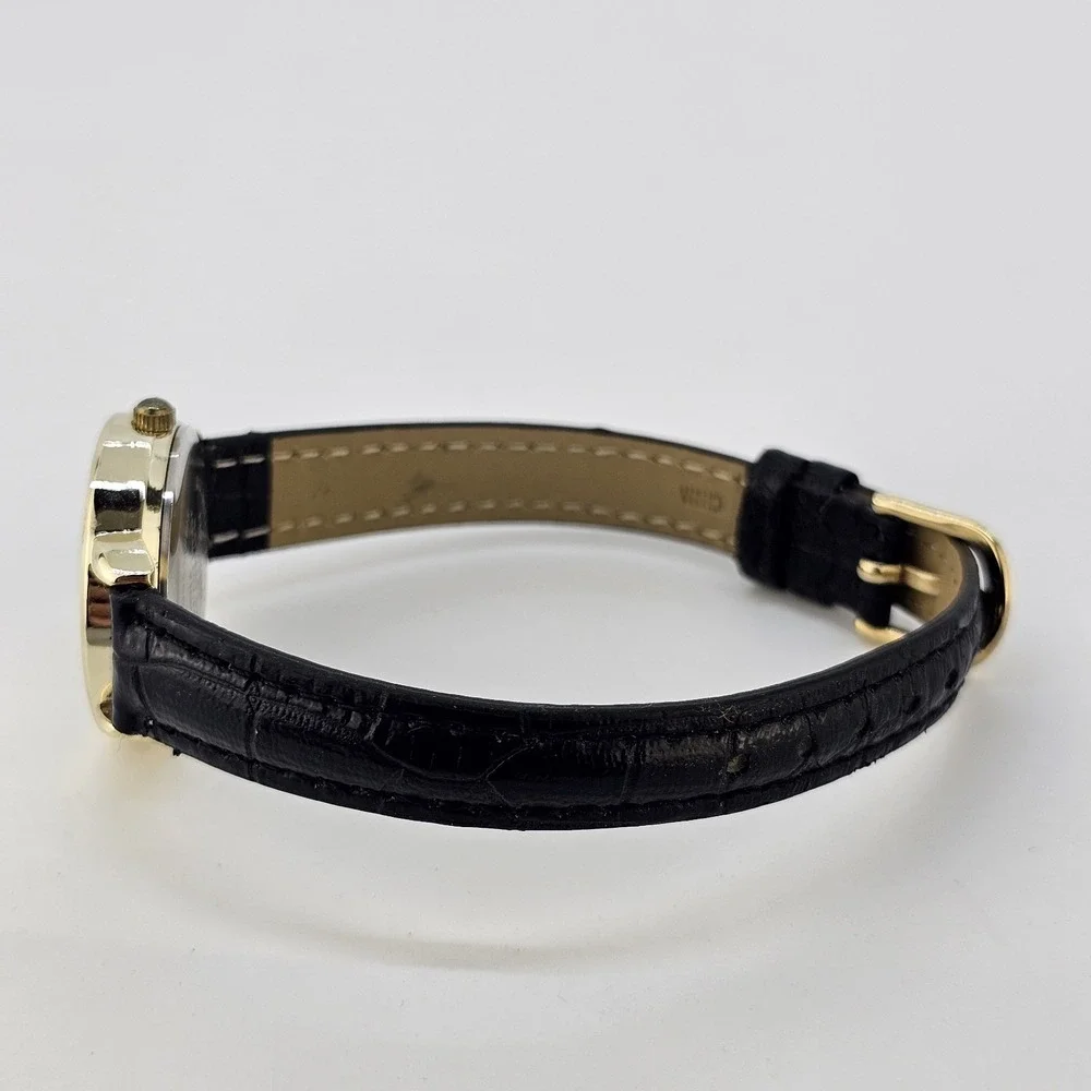 Women's Watch 28MM Cream Dial Black Faux Leather Bands NEW Battery